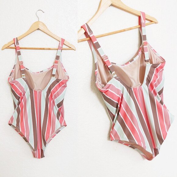 Kona Sol Scoop Neck Mint Mauve Vertical Striped Builtin Bra One Piece Swimsuit L - Picture 3 of 10